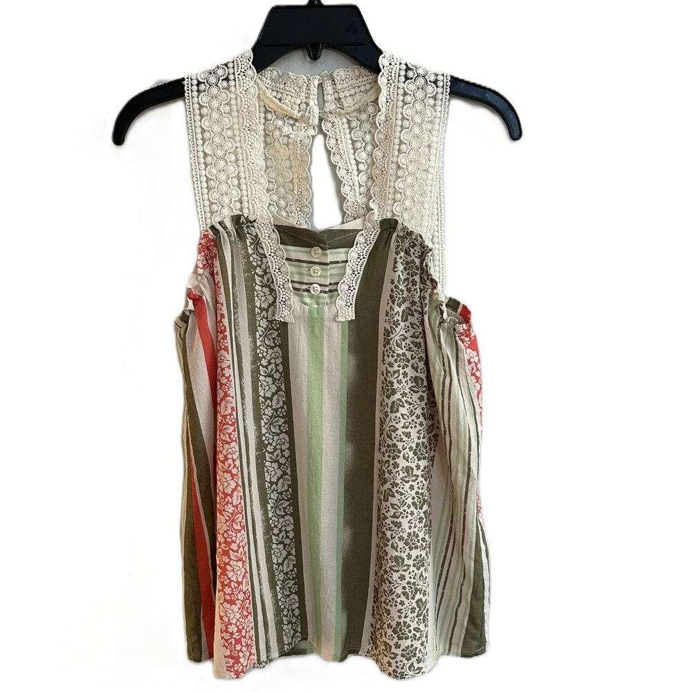 Cabi Whisper Gauze Tank Top Size XS floral and stripe design with Crochet BOHO
